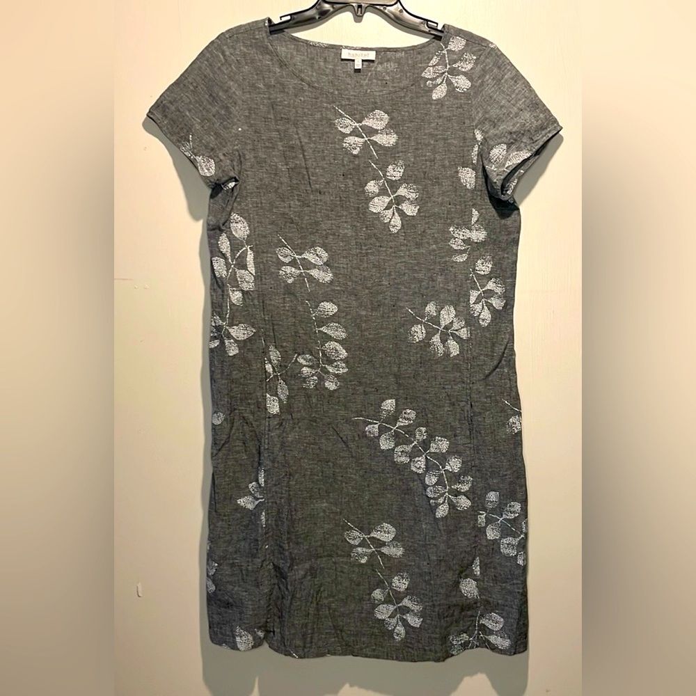 Habitat- Linen Cotton Gray & White Leaf Knee Length Shift Dress Pockets- Small